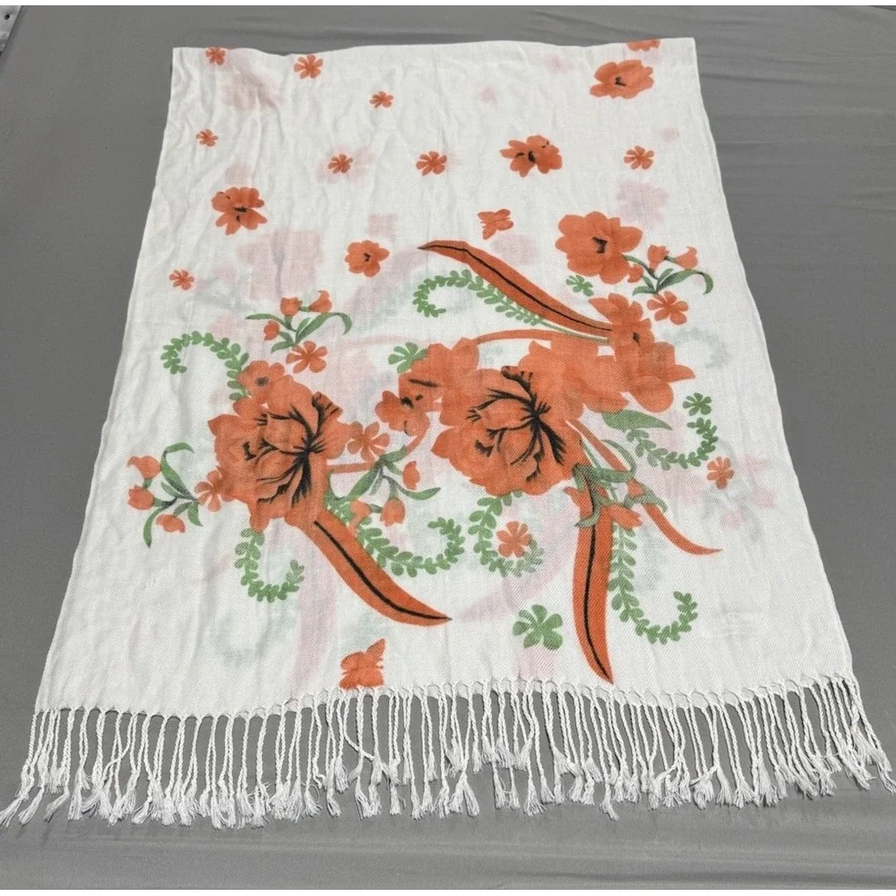 LSH 100% Pashmina Shawl Wrap Cream Orange Floral Fringe Scarf Lightweight